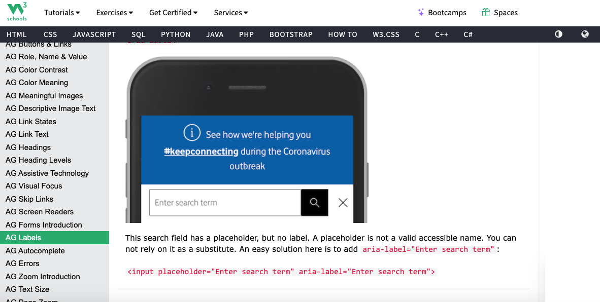 screengrab of webpage with an aria example