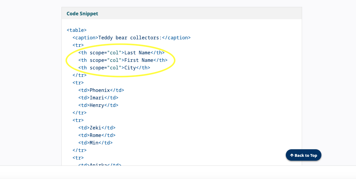 screengrab of table code example